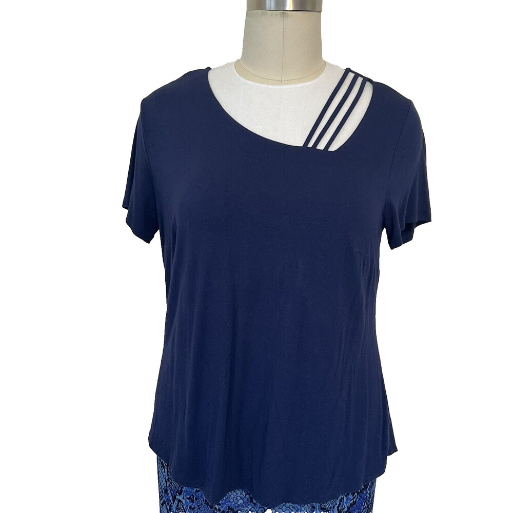 Avenue - Women's Navy Blue 3 Strap Cutout Short Sleeve Blouse 2X